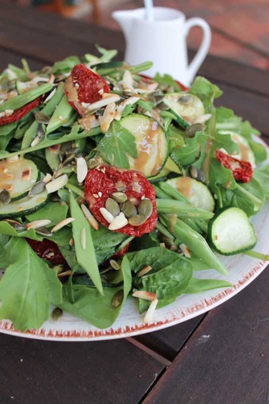 Zucchini, French Bean, Semi-Dried Tomato Salad with Tahini Dressing