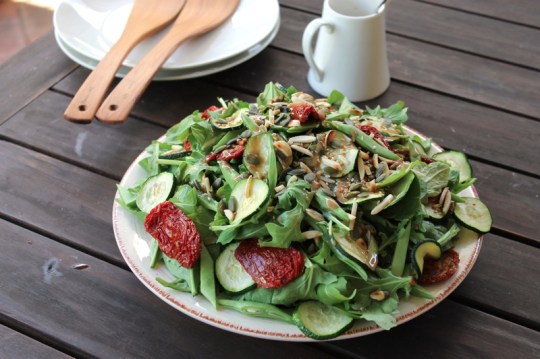 Zucchini, French Bean, Semi-Dried Tomato Salad with Tahini Dressing