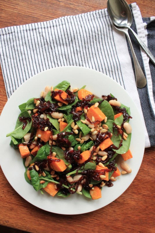 Spinach, Pumpkin, Pine Nut, Cannellini Bean Salad with Caramelised Red Onions.