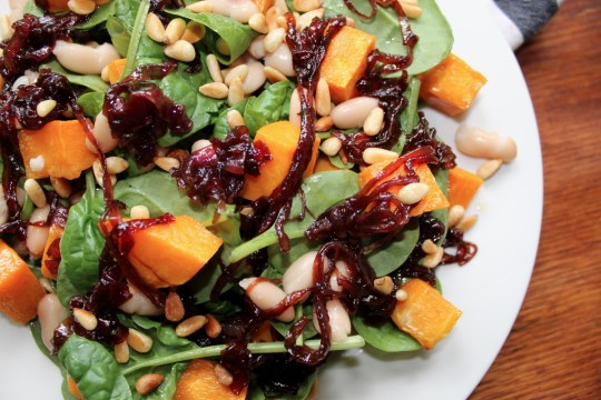 Spinach, Pumpkin, Pine Nut, Cannellini Bean Salad with Caramelised Red Onions.