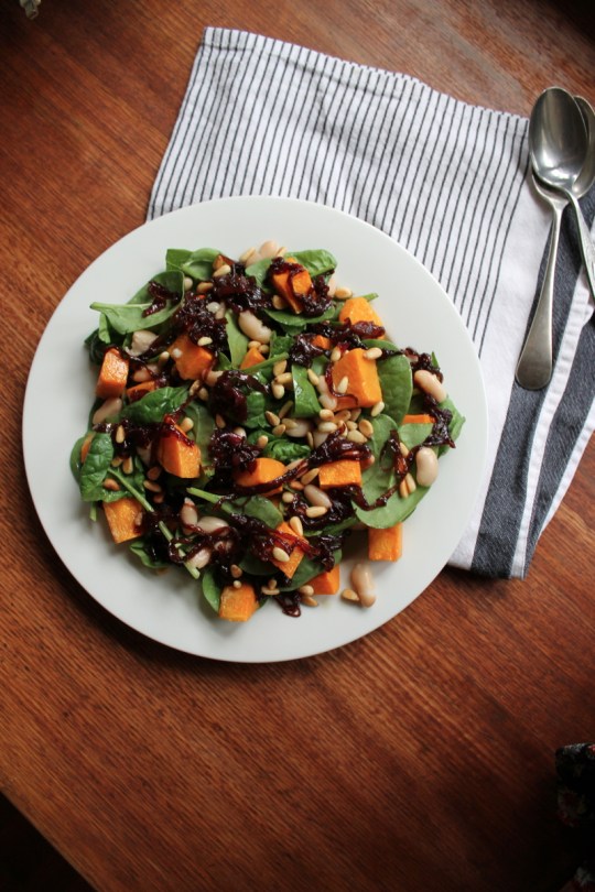 Spinach, Pumpkin, Pine Nut, Cannellini Bean Salad with Caramelised Red Onions.