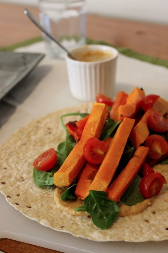 Warm Roast Vegetable Hummus Wraps